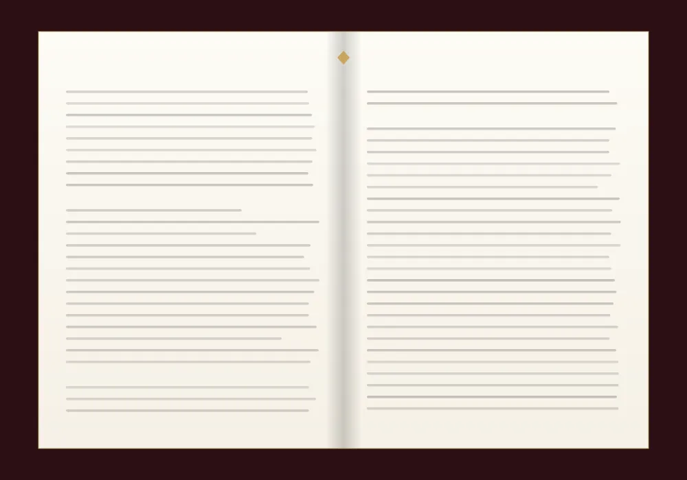 An open book, both pages set in type, with a gold diamond ornament at the head of the gutter